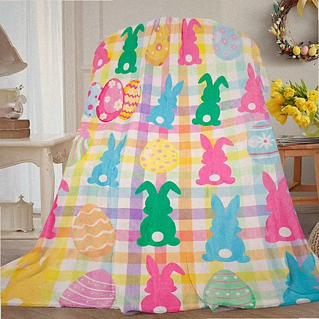 1 PCS Easter Bunny Eggs Flannel Throw Blanket Lattice Pattern 50x60 Inch