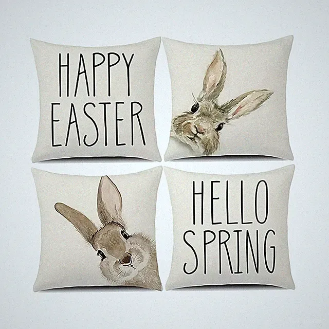 2D 1P Throw Linen Pillow Covers Funny Bunny Happy Easter Hello Spring Gift 45x45