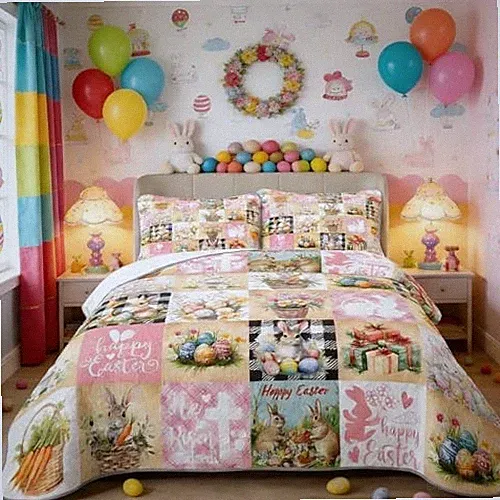3-Piece Easter Patchwork Quilt Set Queen Size Queen 90x90 inches Pink Plaid