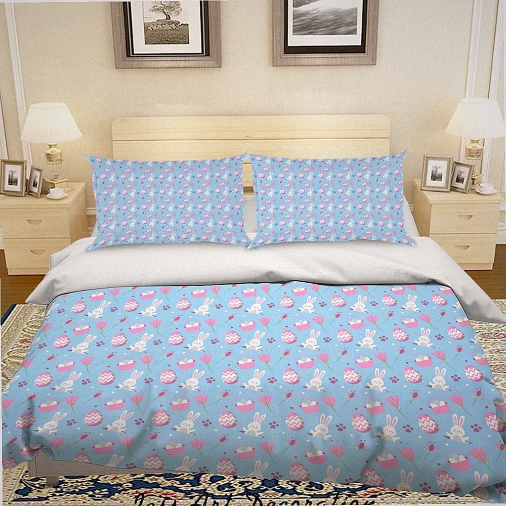 3D Rabbit Easter Egg Kids Blue Quilt Cover Set Duvet Cover Bedding Pillowcases