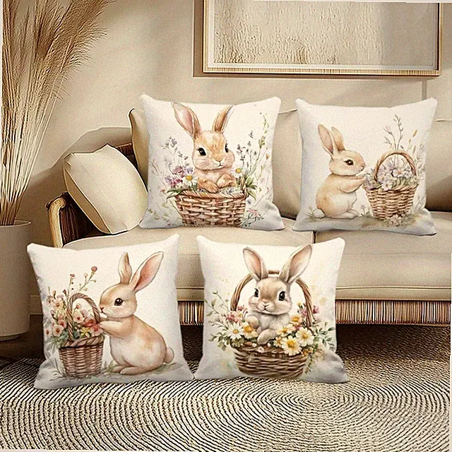 4 PCS Easter Basket and Bunny Pattern Pillow Cover Soft Cushion Cover Zippered