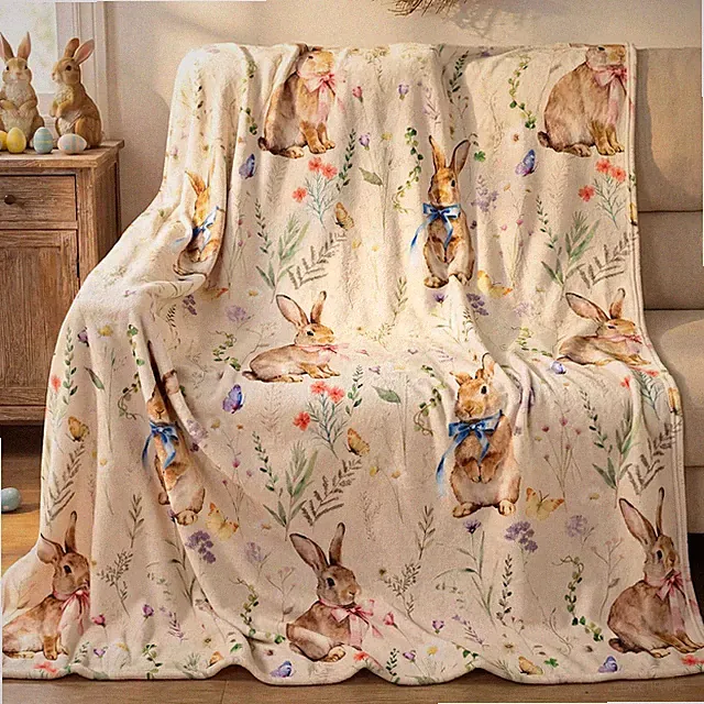 50x60 Inch Easter Bunny Throw Blanket Ultra Soft Flannel Plush Spring Floral