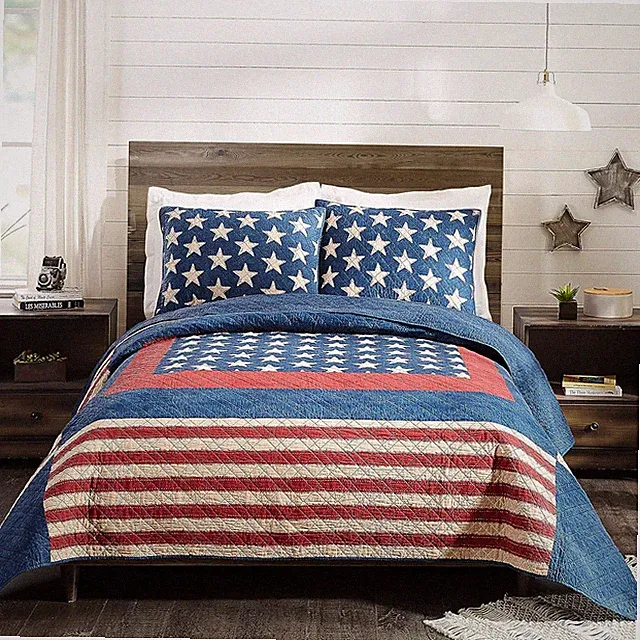 Americana Patch Quilt with 2 Shams, 3-Piece Reversible All Seasons Quilt Set, Li