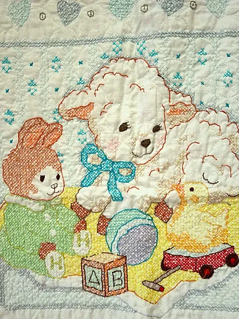 Baby Blanket Quilt Cute Easter Embroidered Animals Lamb Bunny Duck 32"x41"