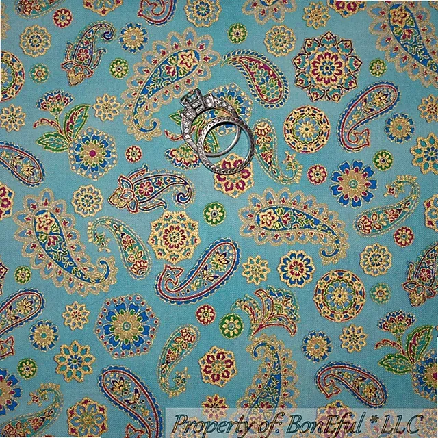 BonEful FABRIC Cotton Quilt Blue Gold Metallic Paisley Flower Pink Easter SCRAP