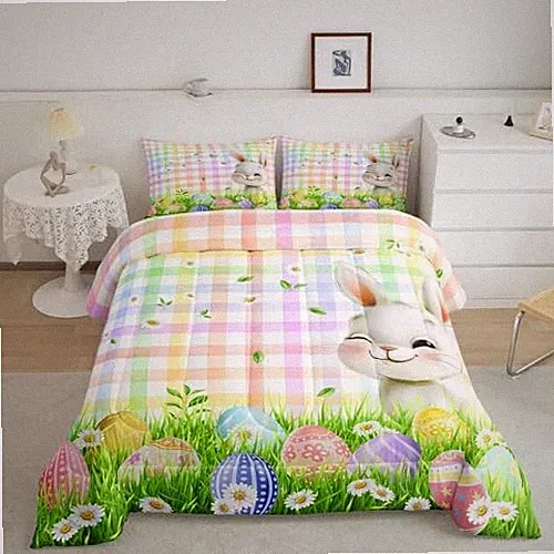 Cartoon Rabbit Kids Comforter Set Twin Size,Easter Egg Daisy Flowers Spring