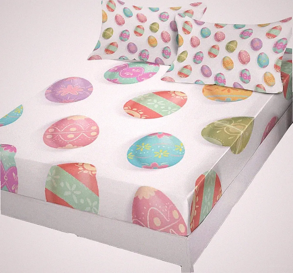Colorful Easter King Size Fitted Sheet & Pillow Sham 3-Piece Bedding Set