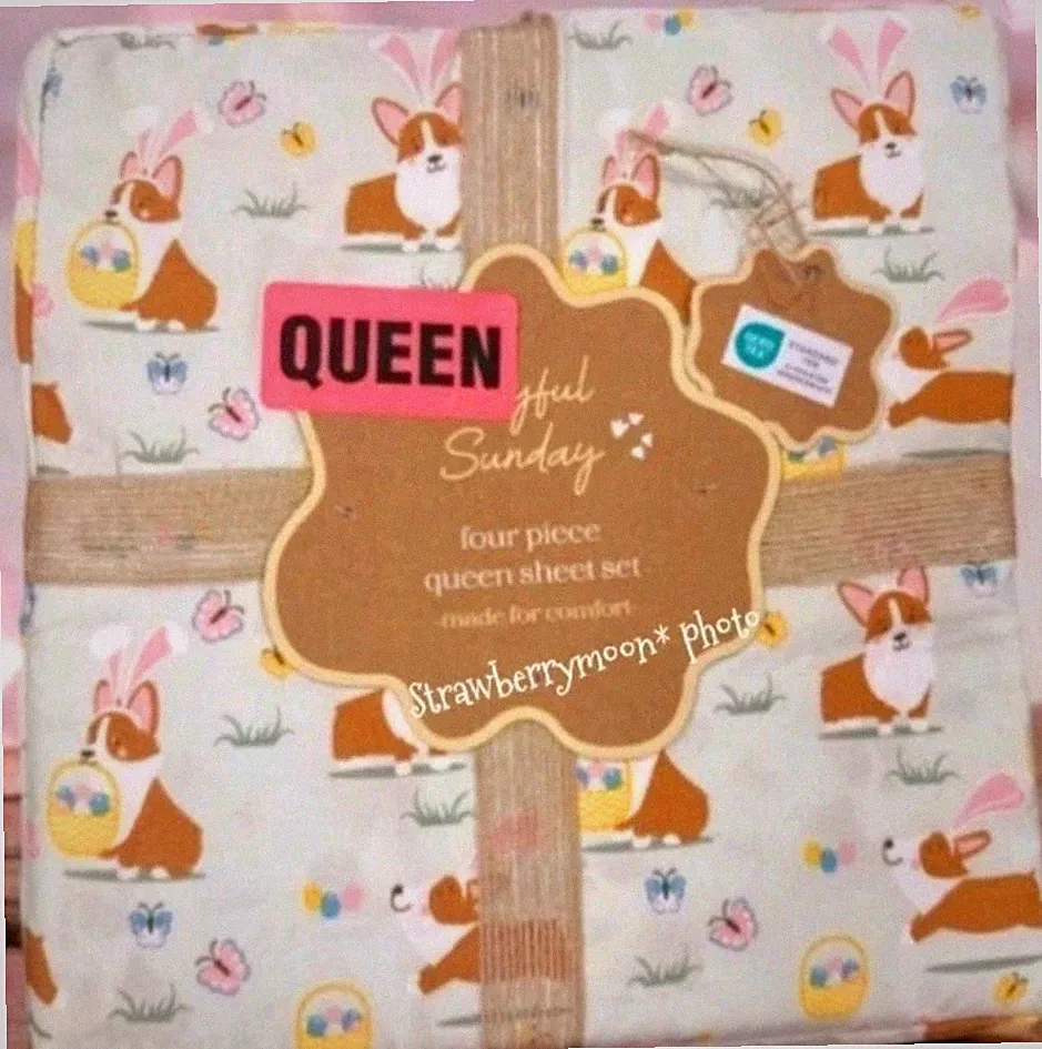Corgi Dog Easter Bunny Egg Basket Butterfly QUEEN Bed Sheet Set Spring Decor