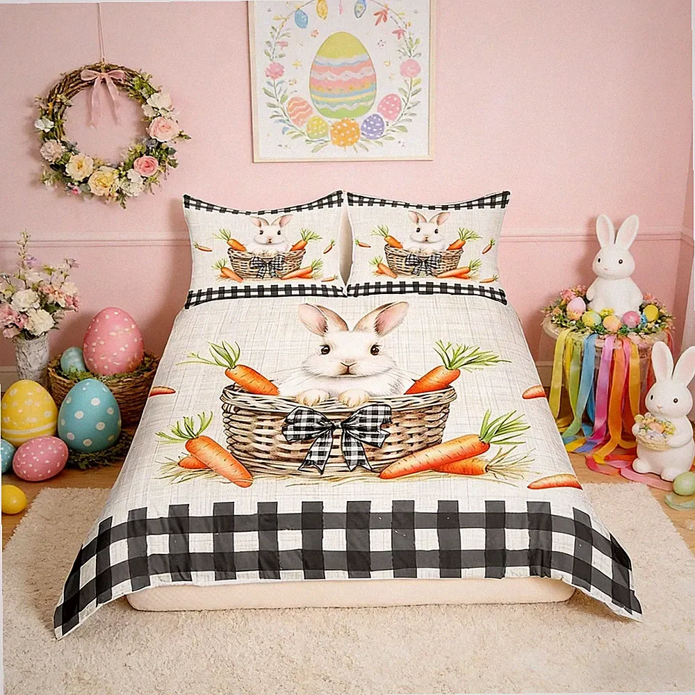 Cute Rabbit Duvet Cover Set Full Size,Carrots Happy Easter Spring Bedding Set...