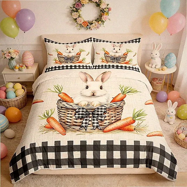 Cute Rabbit Duvet Cover Set Queen Size,Carrots Happy Easter Spring Bedding Se...