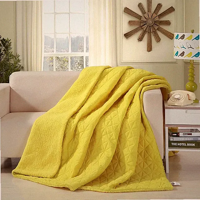 DaDa Bedding Yellow Warm Sherpa Quilted UltraSonic Throw Blanket Fuzzy For Sofa
