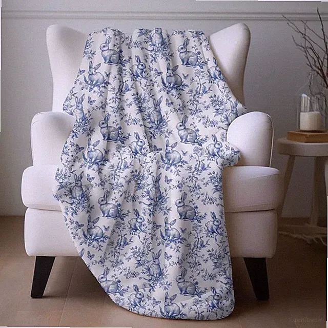 Easter Bunny Blanket Blue Toile Throw Soft Cozy Kids Adult Gift
