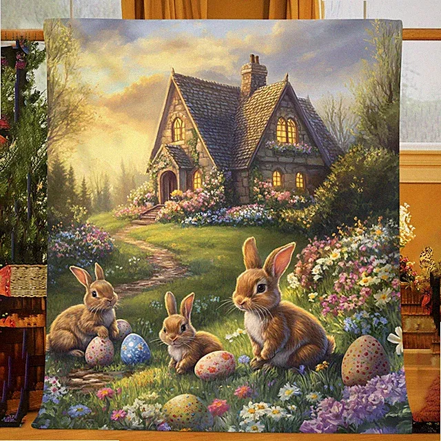 Easter Bunny & Chicks Spring Blanket - Soft Flannel All-Season Cozy Throw with