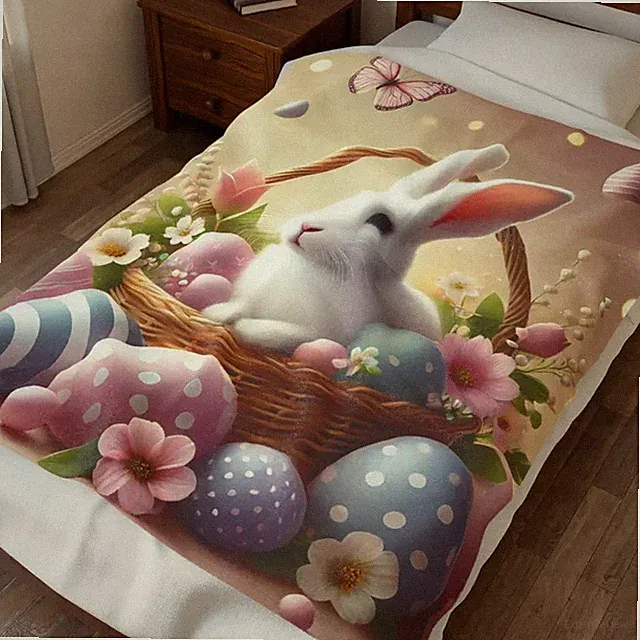 Easter Bunny In Basket Velveteen Blanket Soft Cozy Throw