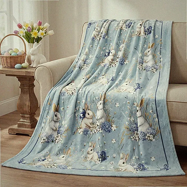 Easter Flannel Blanket Throw, Easter Eggs Bunny Rabbits Hydrangea Kapok Soft Fuz