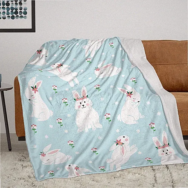 Easter Spring Throw Blanket Bunnies Flowers Plush Couch Bed 30x40 Inch