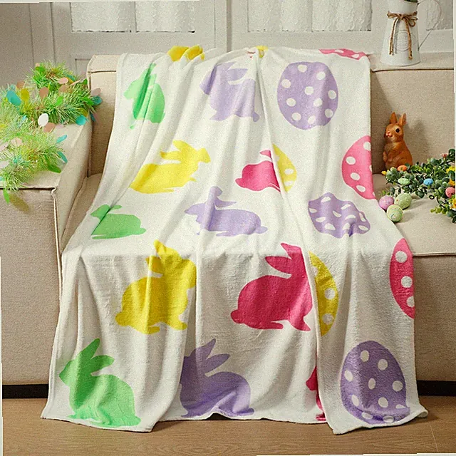 Easter Throw Blanket Double Sided Bunny Eggs Soft Flannel Decor 60x50 Inch