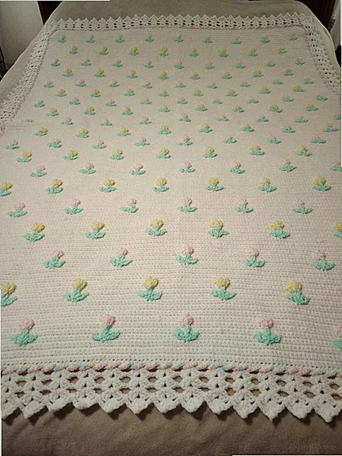 Handmade Crocheted Afghan Blanket 3D Tulips 67"X51" New Nursery Easter Spring