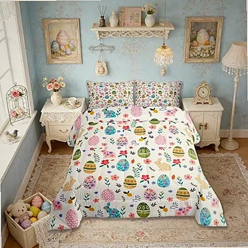 Happy Easter Bedding Set Size Easter Egg Cute Rabbit Queen Colorful 01
