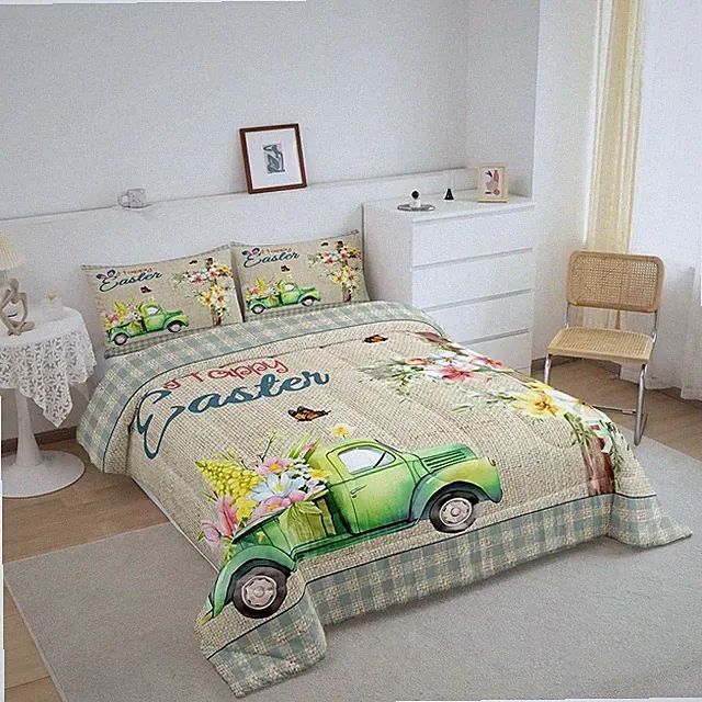 Happy Easter Comforter Blanket Truck Butterfly Flowers Romantic