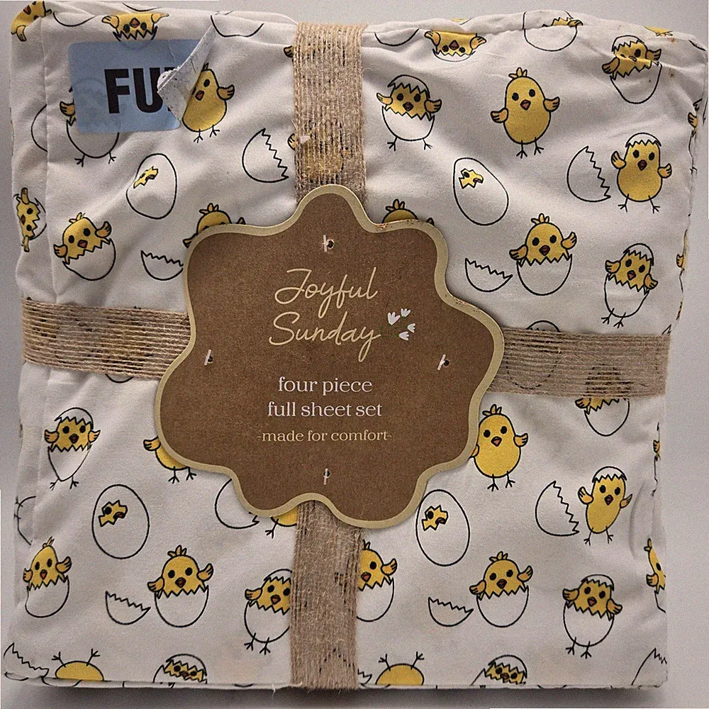 Joyful Sunday Full Size Easter Chicks Sheet Set White Yellow Cracked Open Eggs