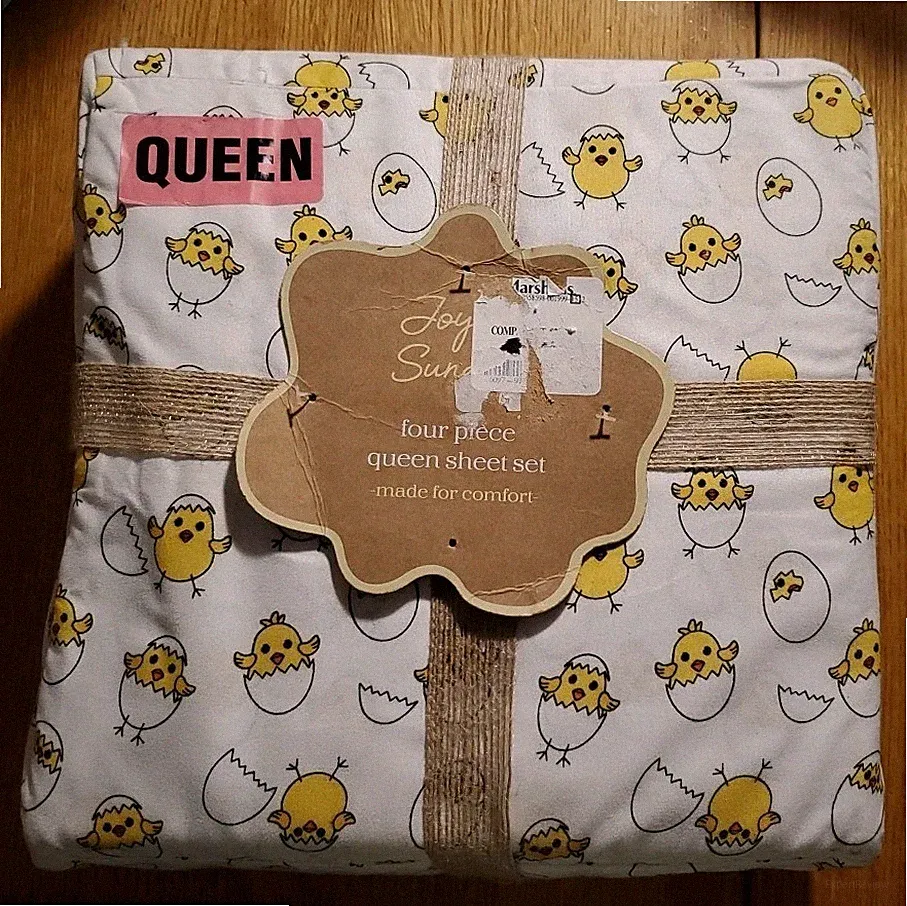 Joyful Sunday Spring Easter Chicks 4pc Queen Sheet Set ❤️ Cracked Open