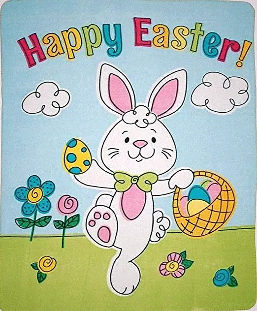 Jumbo Happy Easter Bunny w Basket of Eggs Fleece Throw Blanket 50 x 60 Brand New