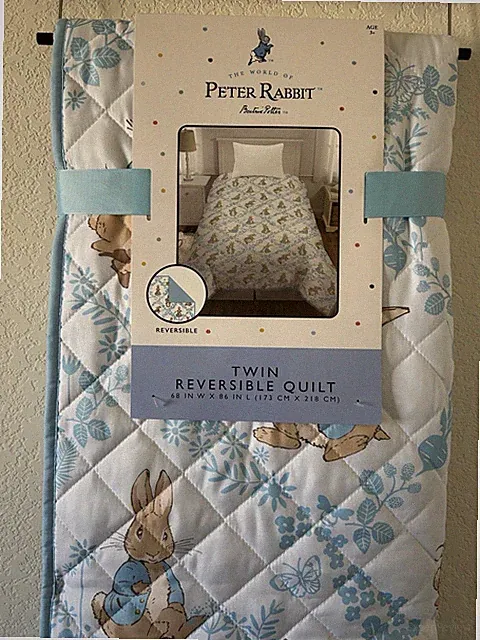 New! Peter Rabbit Reversible Twin Quilt Blue White Soft Cozy Butterflies Flowers