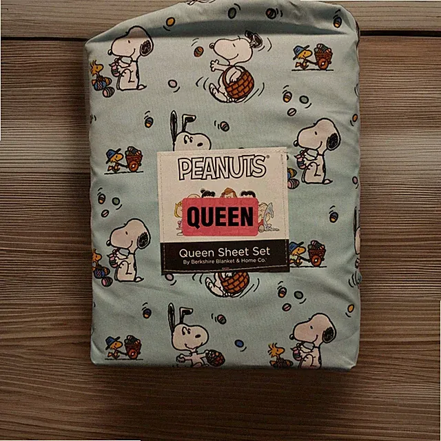 Peanuts Berkshire Snoopy & Woodstock Easter Bunny Basket QUEEN Sheet Set Blue