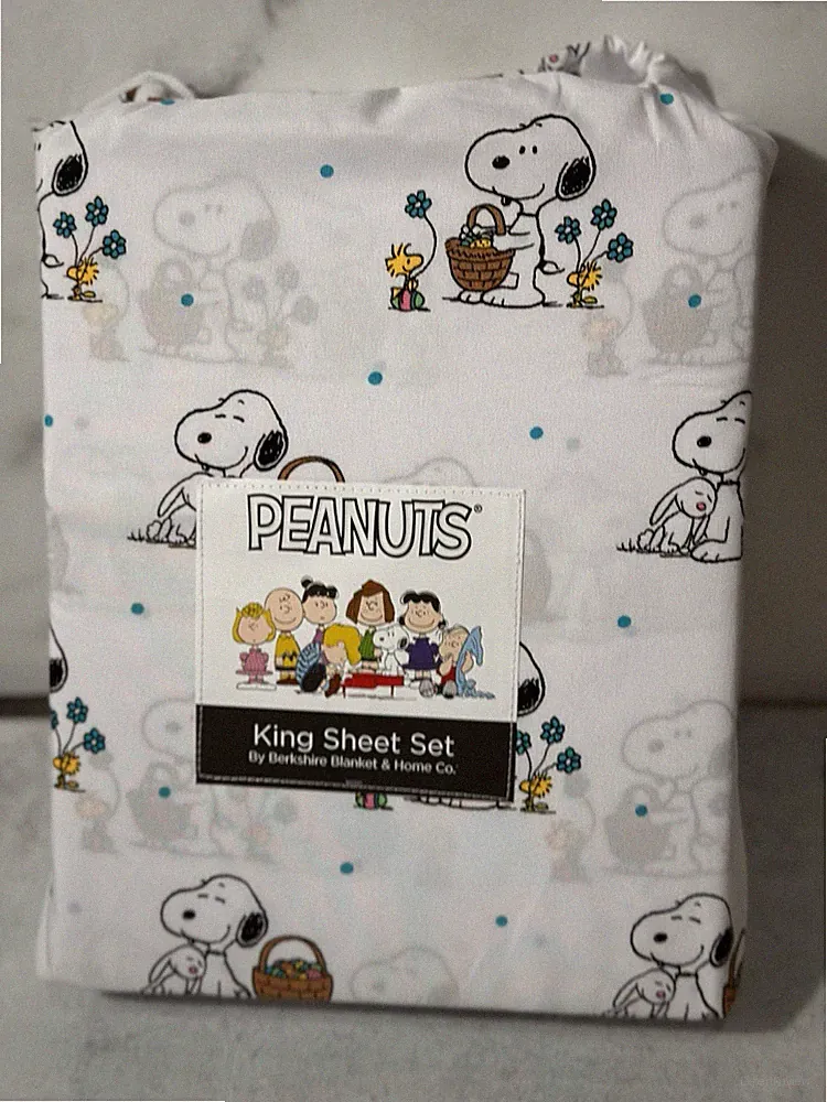 Peanuts Snoopy Woodstock Easter Spring Basket Floral Bunny KING Sheet Set NEW