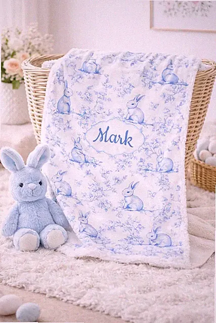 Personalized Blue Toile Easter Rabbits Blanket