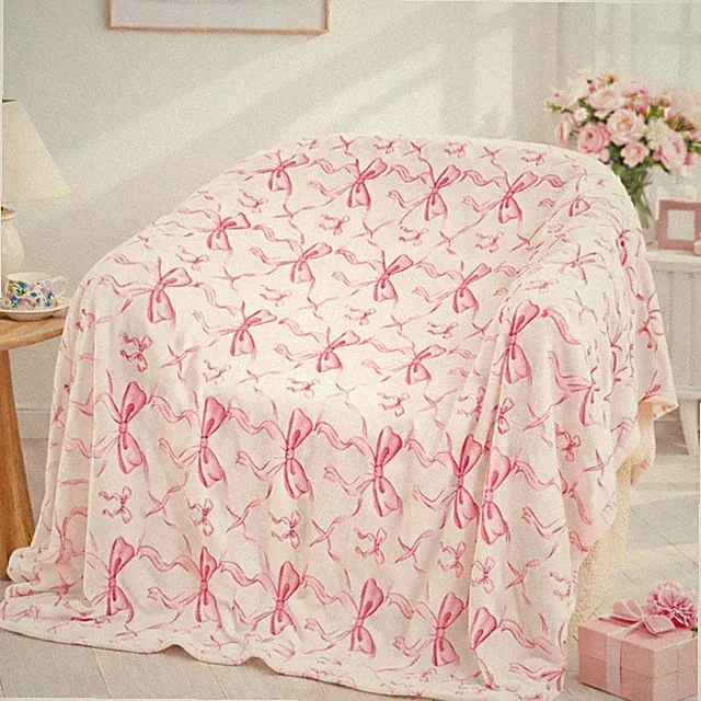 Pink Bow Throw Blanket Easter Soft Fleece Coquette Aesthetic Room Bed Decor