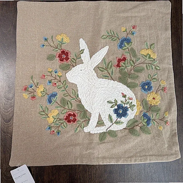 POTTERY BARN BUNNY EMBROIDERED PILLOW COVER 20" SQ ~ IVORY MULTI ~ EASTER SPRING
