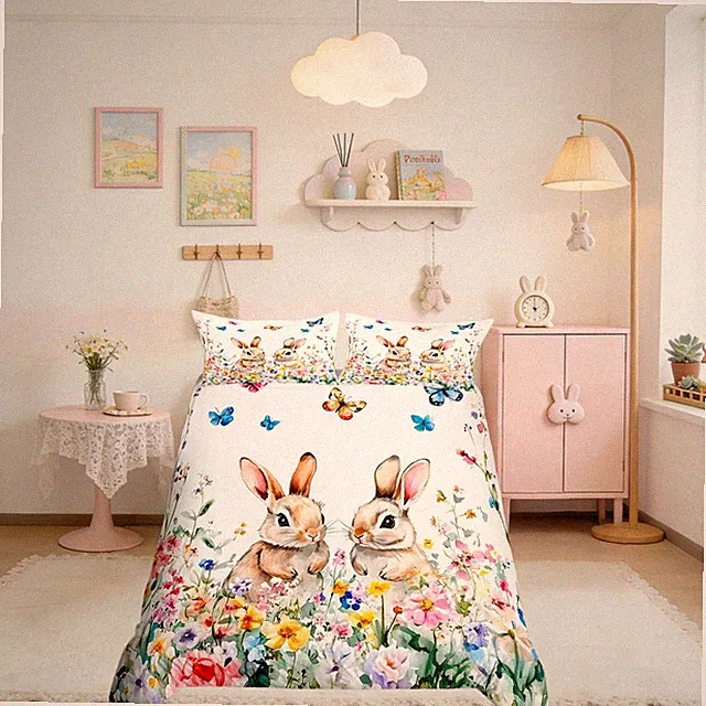 Spring Easter Bedding Set Bunny Cute Rabbits Flower Duvet Cover Queen Size Ki...