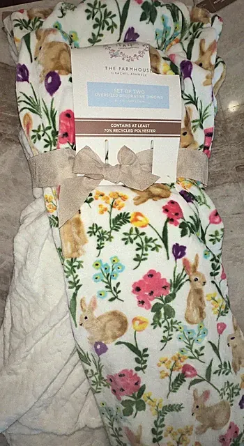 The Farmhouse by Rachel Ashwell EASTER Rabbit Bunny Floral Set Of 2 Throw NEW